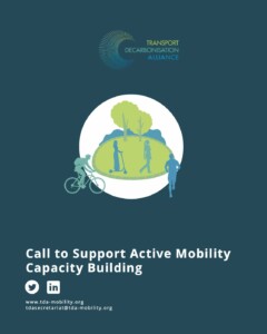 Image of people walking, cycling, and scooting with a dark blue background that says "Call to support active mobility capacity building'