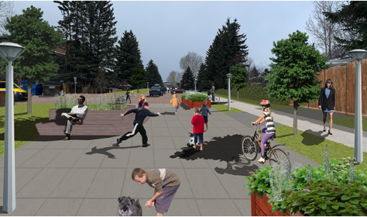 Graphic rendering of a car-free street with children playing, cycling, and walking.