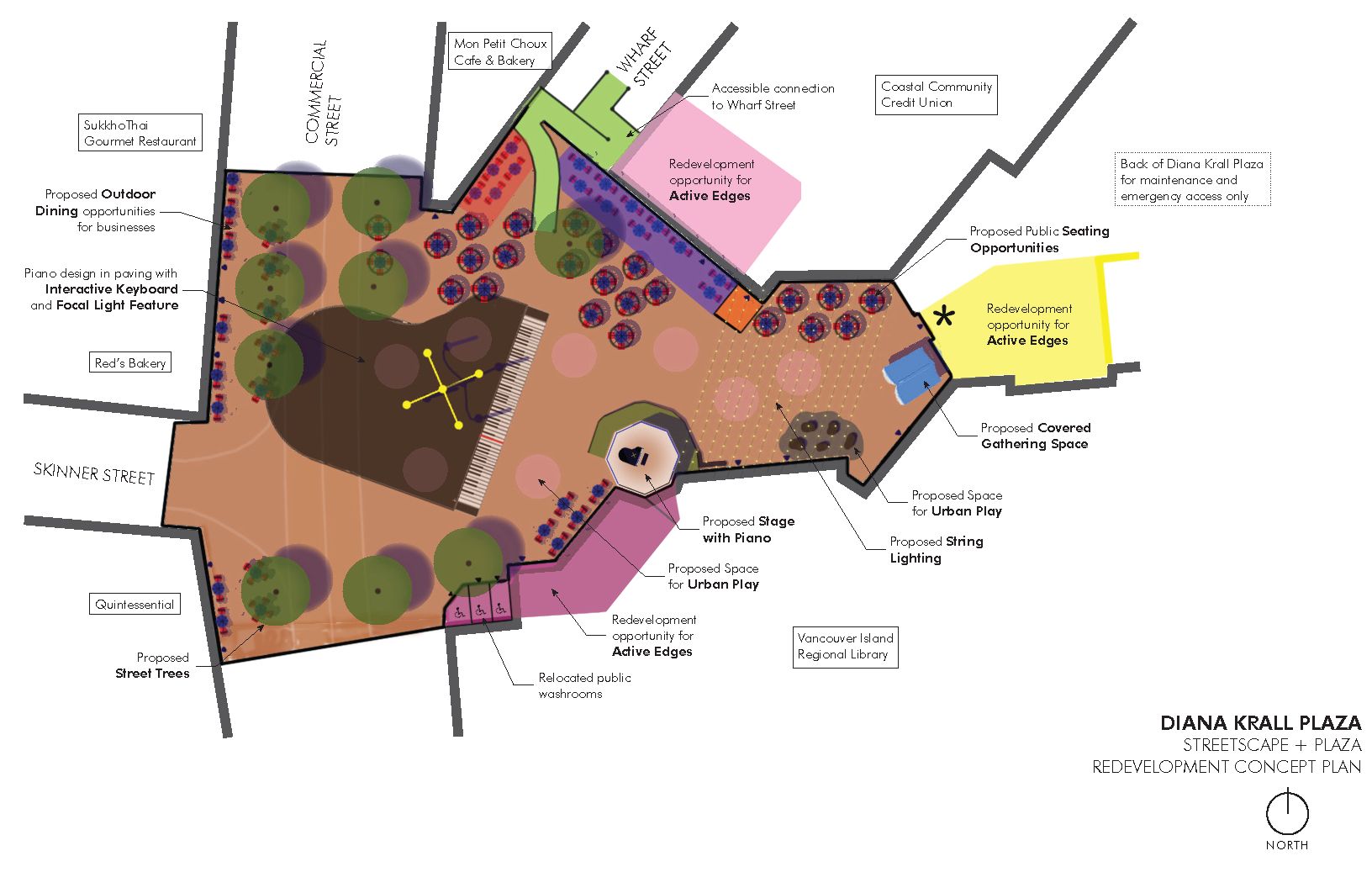 Nanaimo plaza design featuring trees, open space, and other public amenities
